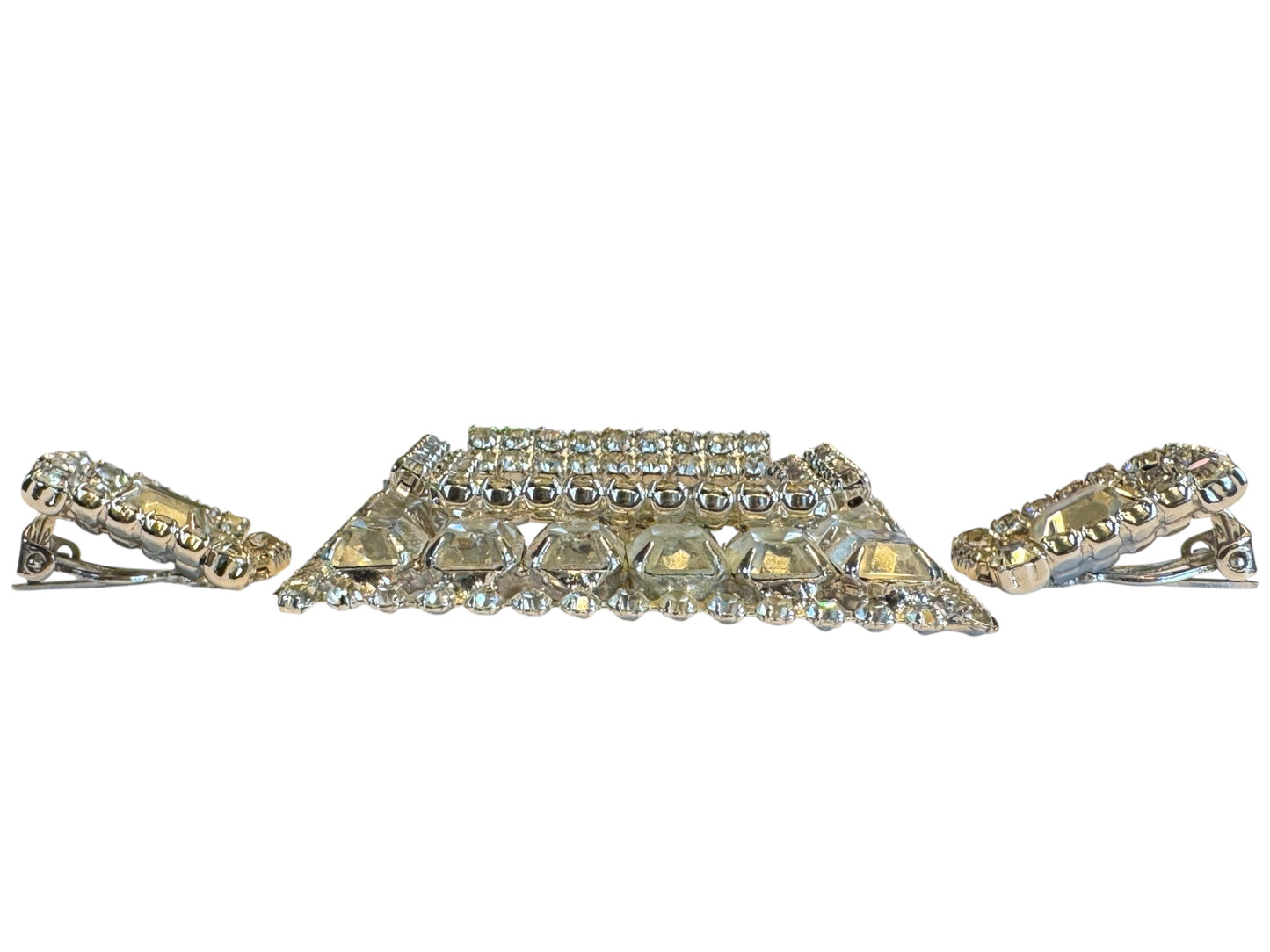 Vintage Mid-Century Rhinestone Brooch & Earrings Set – Silver-Tone Geometric Sparkle