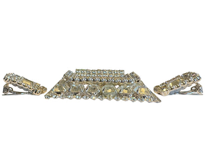 Vintage Mid-Century Rhinestone Brooch & Earrings Set – Silver-Tone Geometric Sparkle