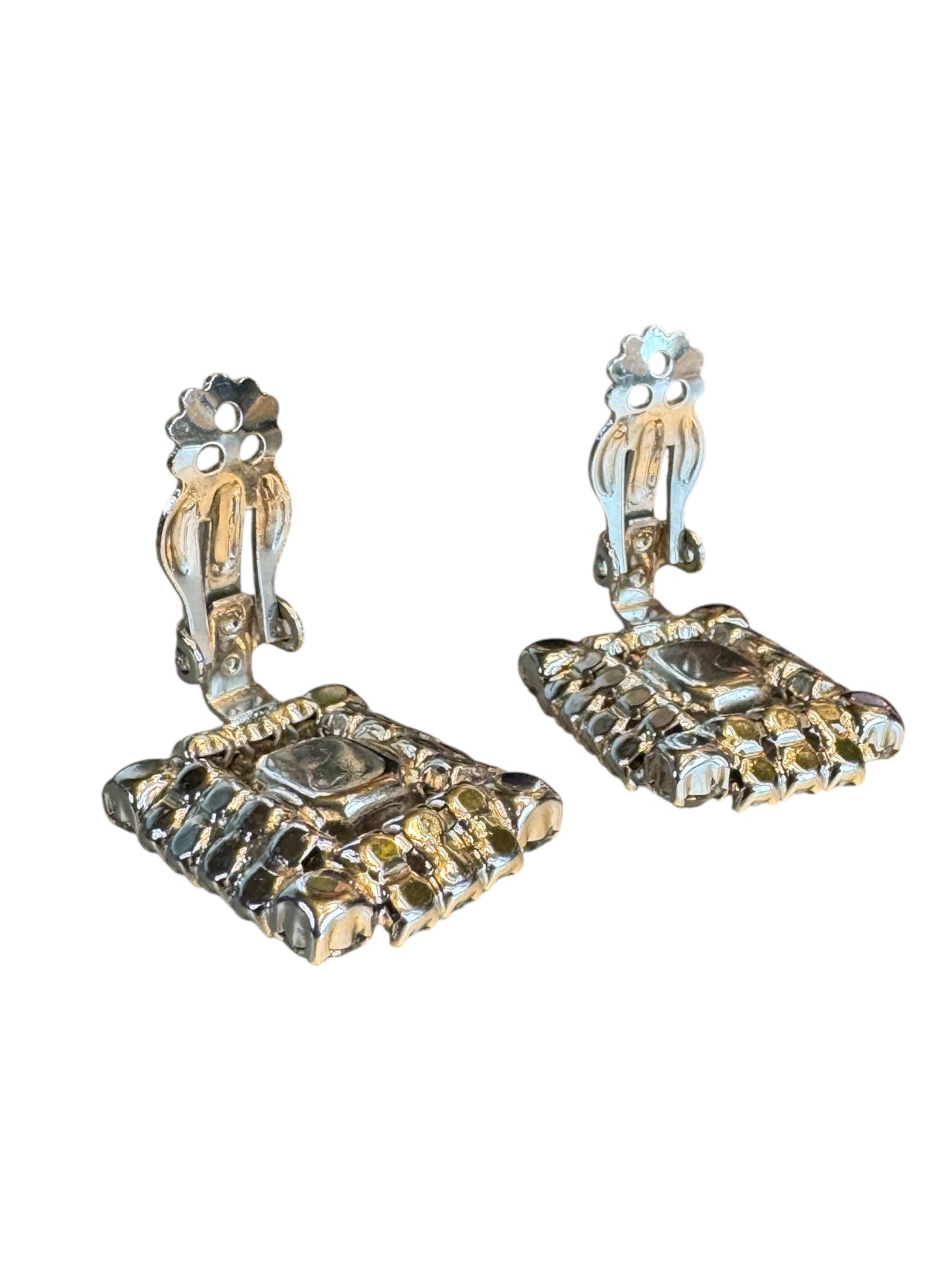 Vintage Mid-Century Rhinestone Brooch & Earrings Set – Silver-Tone Geometric Sparkle