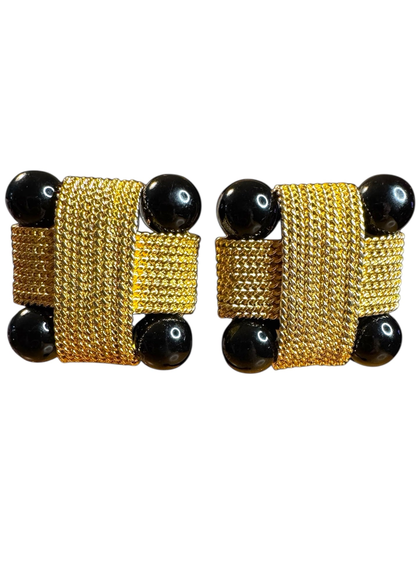 Vintage 1980s Gold Mesh & Black Lucite Clip-On Earrings – Chunky Square Statement Style