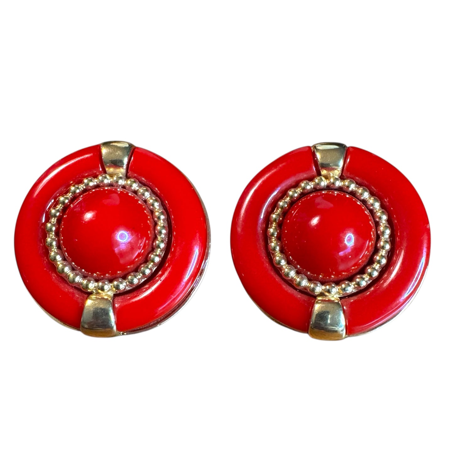 Vintage 1980s Red Lucite & Gold Medallion Clip-On Earrings – Bold Button Statement Jewelry