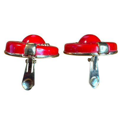 Vintage 1980s Red Lucite & Gold Medallion Clip-On Earrings – Bold Button Statement Jewelry
