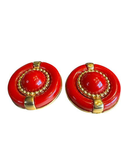 Vintage 1980s Red Lucite & Gold Medallion Clip-On Earrings – Bold Button Statement Jewelry