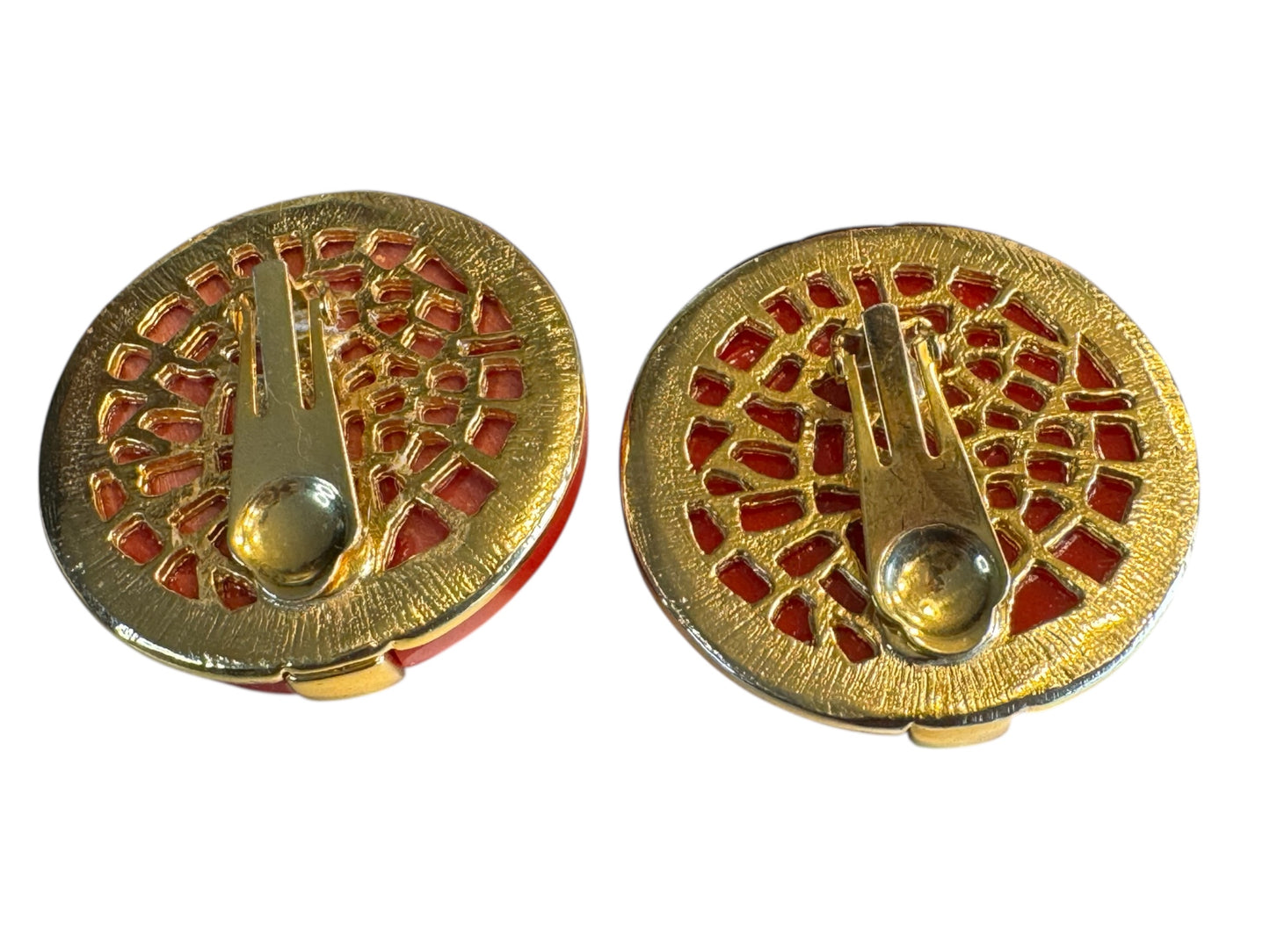 Vintage 1980s Red Lucite & Gold Medallion Clip-On Earrings – Bold Button Statement Jewelry