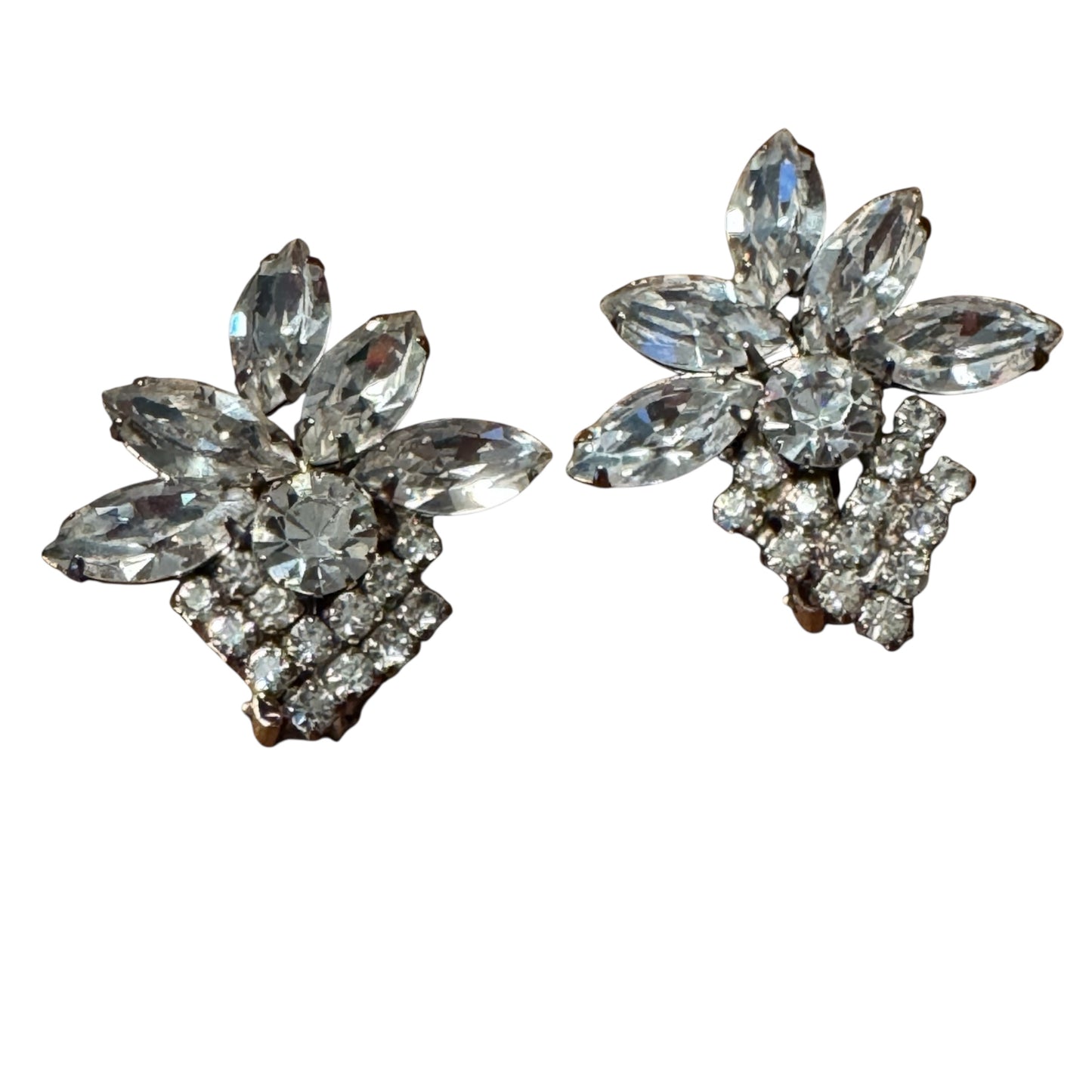 Vintage 1950s Clear Rhinestone Fan Clip-On Earrings – Navette & Round Silver-Tone Design