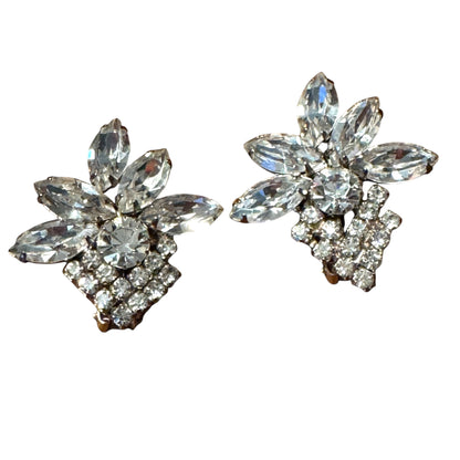 Vintage 1950s Clear Rhinestone Fan Clip-On Earrings – Navette & Round Silver-Tone Design