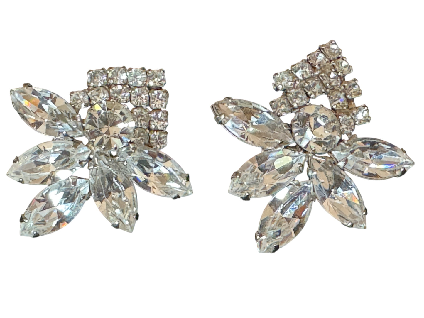 Vintage 1950s Clear Rhinestone Fan Clip-On Earrings – Navette & Round Silver-Tone Design
