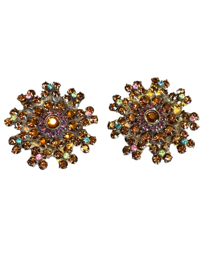 Vintage-Inspired Sorrelli Swarovski Cluster Clip-On Earrings – Multi-Tone Crystal & Brass