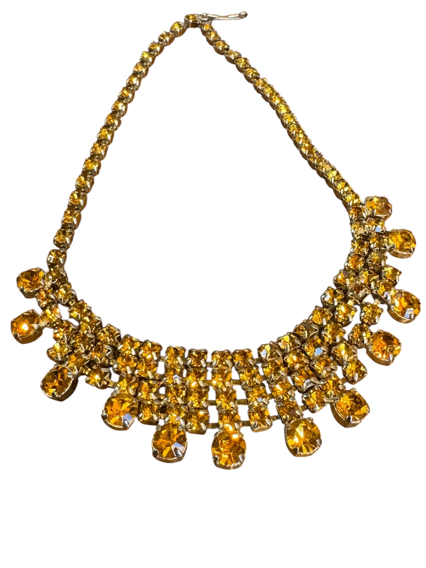 Vintage Citrine Rhinestone Bib Necklace – Mid-Century Runway Statement Choker in Golden Yellow