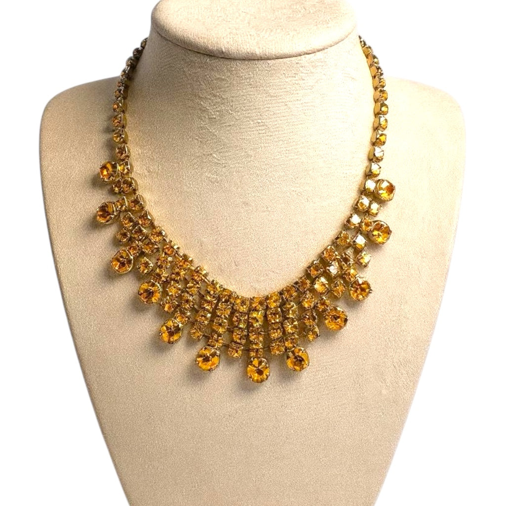 Vintage Citrine Rhinestone Bib Necklace – Mid-Century Runway Statement Choker in Golden Yellow