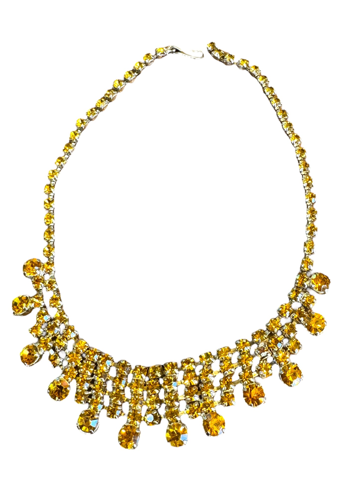 Vintage Citrine Rhinestone Bib Necklace – Mid-Century Runway Statement Choker in Golden Yellow