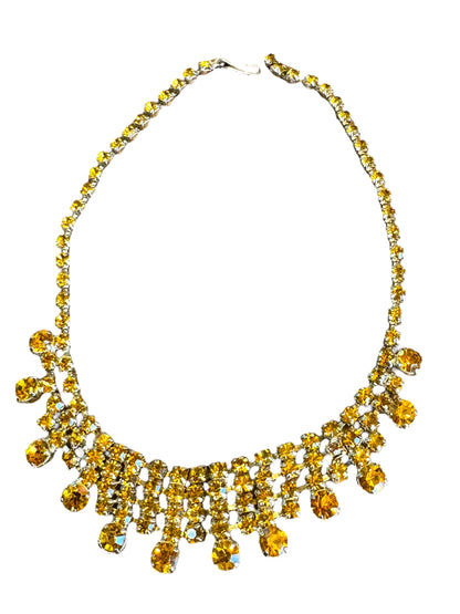 Vintage Citrine Rhinestone Bib Necklace – Mid-Century Runway Statement Choker in Golden Yellow