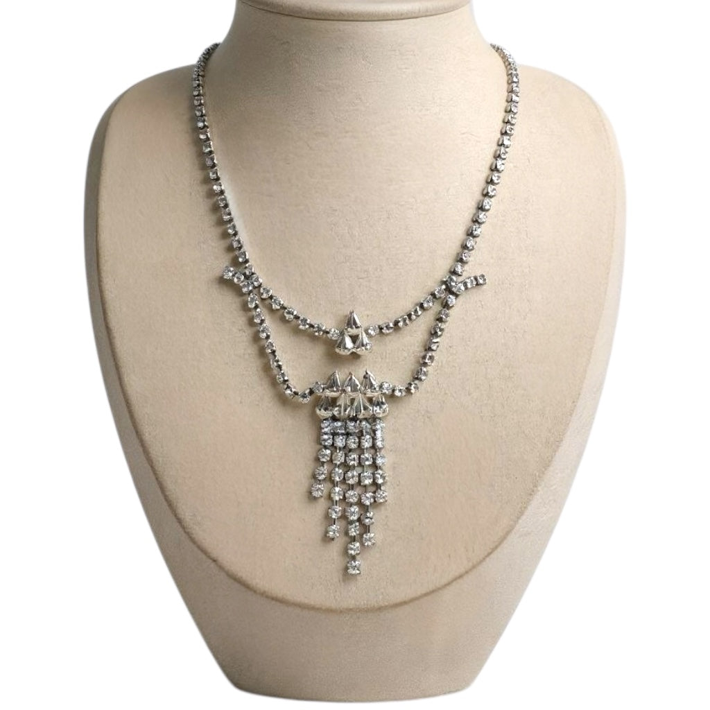 Vintage Double Layer Crystal Rhinestone Necklace – Silver-Tone Art Deco Style with Tiered Fringe Drop