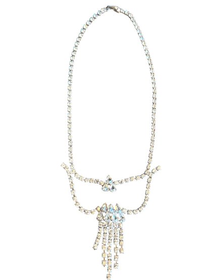 Vintage Double Layer Crystal Rhinestone Necklace – Silver-Tone Art Deco Style with Tiered Fringe Drop