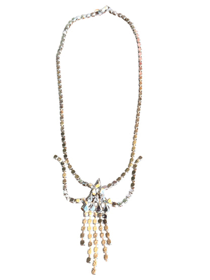 Vintage Double Layer Crystal Rhinestone Necklace – Silver-Tone Art Deco Style with Tiered Fringe Drop