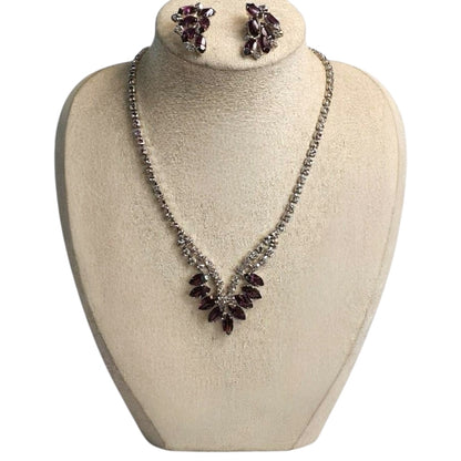 Vintage B. David Necklace & Earrings Set – Amethyst Marquise Rhinestones & Clear Crystals