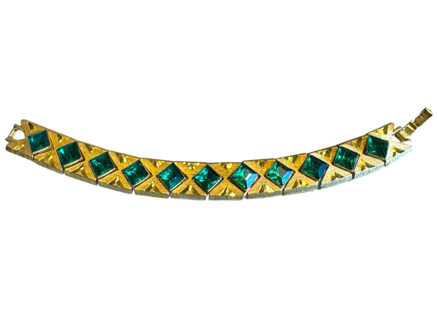 Vintage Czech-Style Articulated Bracelet – Brushed Gold with Emerald Green Glass Stones