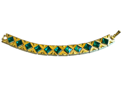 Vintage Czech-Style Articulated Bracelet – Brushed Gold with Emerald Green Glass Stones
