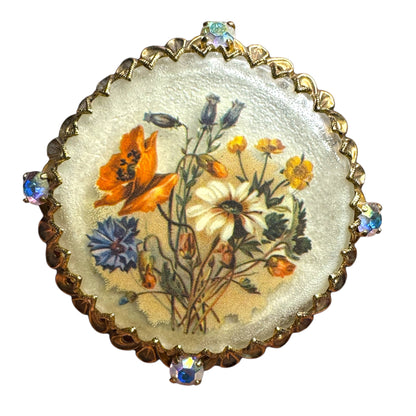Vintage German Floral Lucite Brooch with AB Rhinestones – Filigree Brass