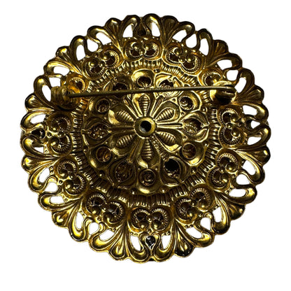 Vintage German Floral Lucite Brooch with AB Rhinestones – Filigree Brass