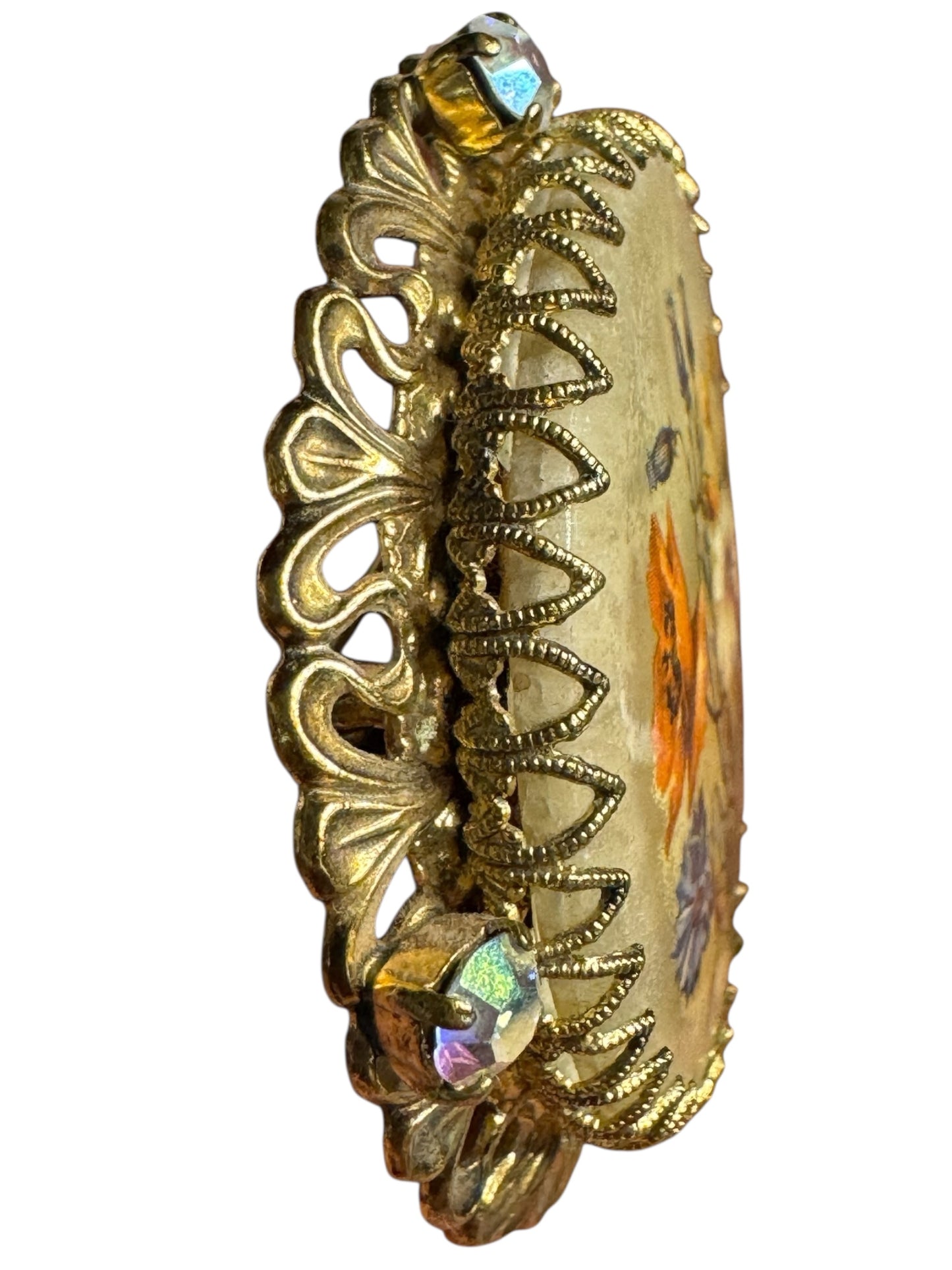 Vintage German Floral Lucite Brooch with AB Rhinestones – Filigree Brass
