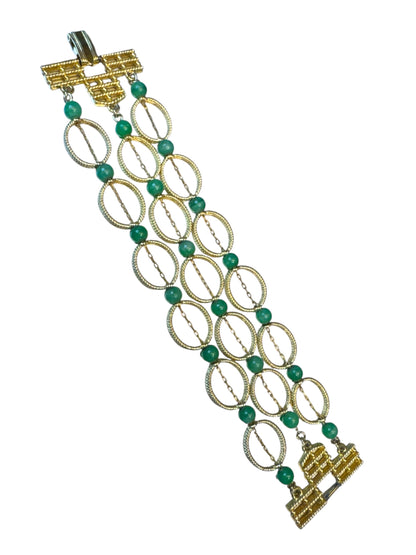 Rare Vintage Gold-Tone Multi-Strand Necklace & Bracelet Set with Green Beads – Architectural Clasp