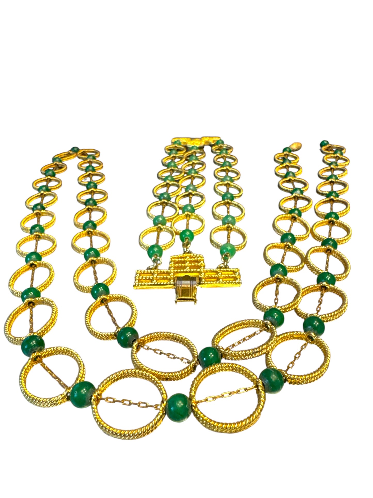 Rare Vintage Gold-Tone Multi-Strand Necklace & Bracelet Set with Green Beads – Architectural Clasp