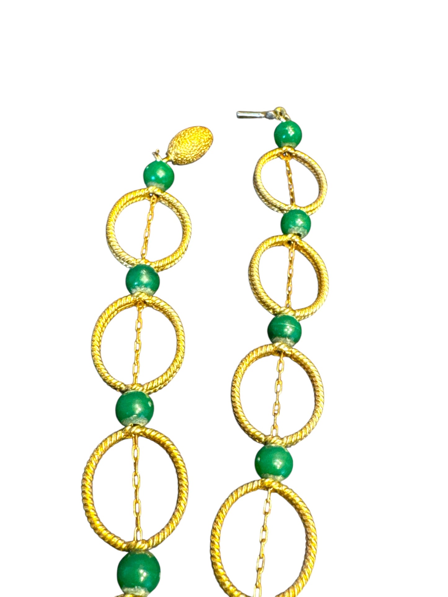 Rare Vintage Gold-Tone Multi-Strand Necklace & Bracelet Set with Green Beads – Architectural Clasp