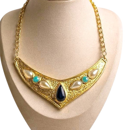 1970s Avon Etruscan Revival Collar Necklace – Gold-Tone V Design with Faux Pearls, Turquoise & Blue Cabochons