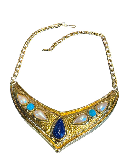 1970s Avon Etruscan Revival Collar Necklace – Gold-Tone V Design with Faux Pearls, Turquoise & Blue Cabochons