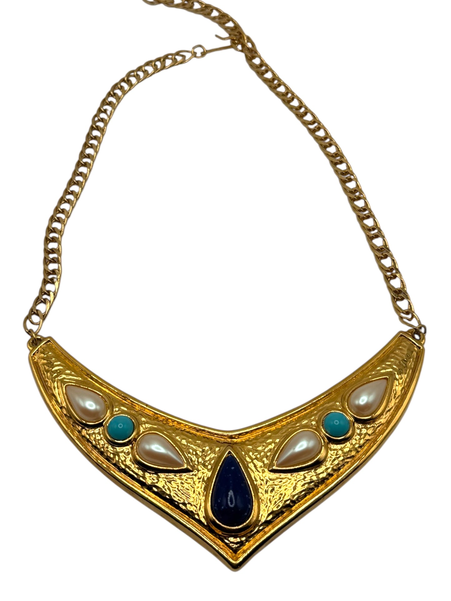 1970s Avon Etruscan Revival Collar Necklace – Gold-Tone V Design with Faux Pearls, Turquoise & Blue Cabochons