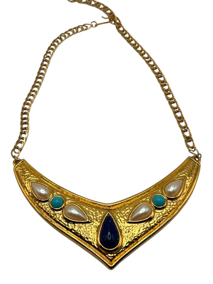 1970s Avon Etruscan Revival Collar Necklace – Gold-Tone V Design with Faux Pearls, Turquoise & Blue Cabochons