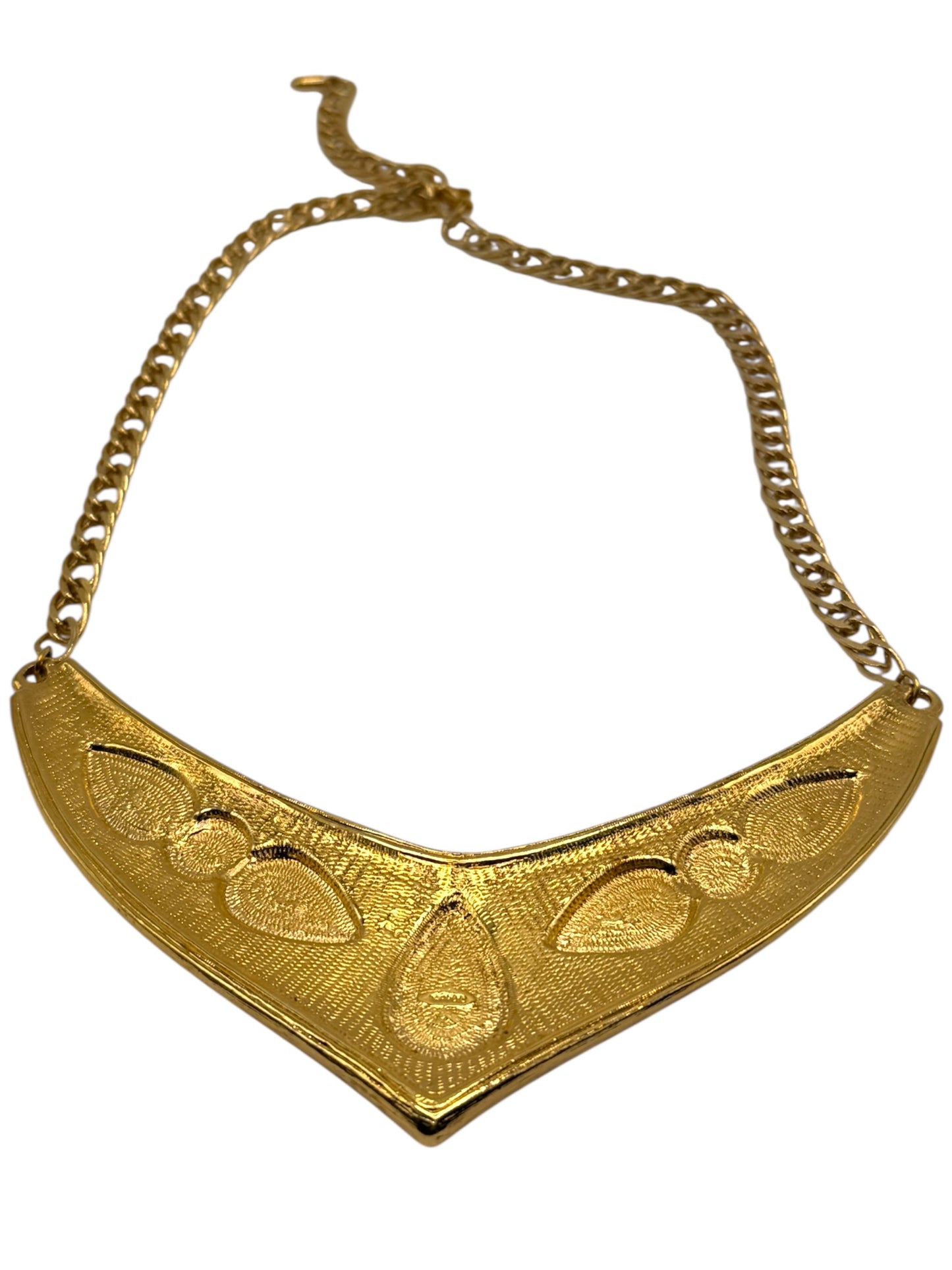 1970s Avon Etruscan Revival Collar Necklace – Gold-Tone V Design with Faux Pearls, Turquoise & Blue Cabochons