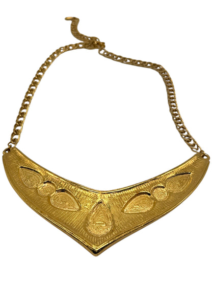 1970s Avon Etruscan Revival Collar Necklace – Gold-Tone V Design with Faux Pearls, Turquoise & Blue Cabochons