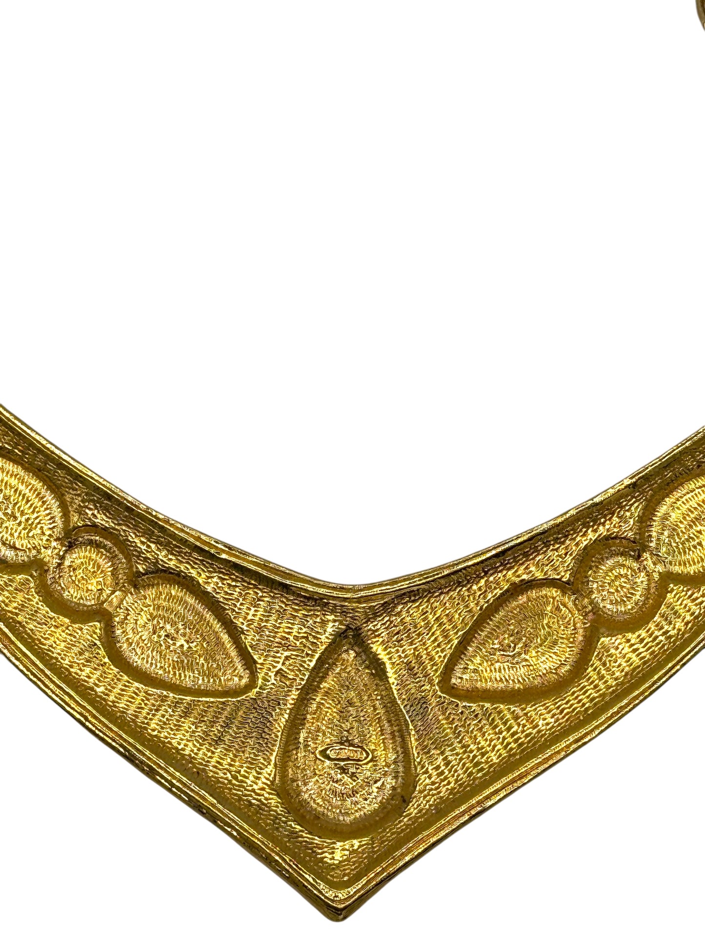 1970s Avon Etruscan Revival Collar Necklace – Gold-Tone V Design with Faux Pearls, Turquoise & Blue Cabochons