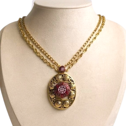 Vintage Delizza and Elster for Celebrity NY Pendant Necklace – Gold-Tone Filigree with Moroccan-Style Glass & Double Chain