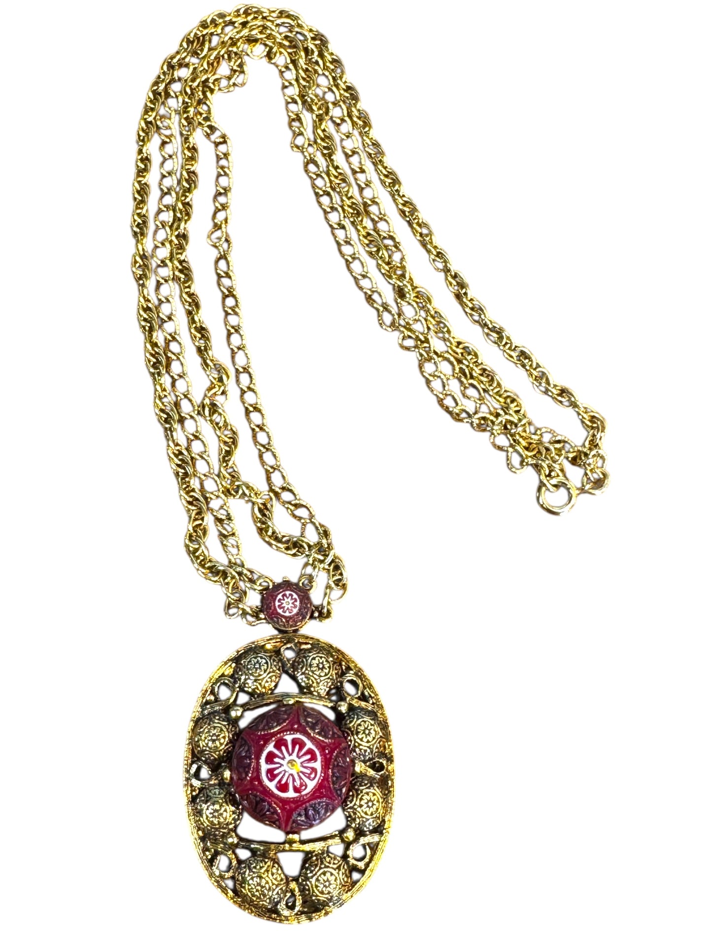 Vintage Delizza and Elster for Celebrity NY Pendant Necklace – Gold-Tone Filigree with Moroccan-Style Glass & Double Chain