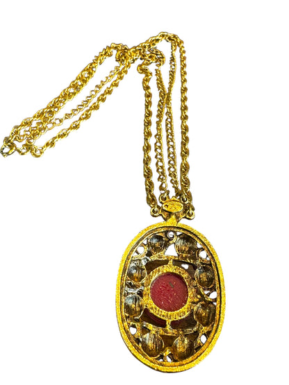 Vintage Delizza and Elster for Celebrity NY Pendant Necklace – Gold-Tone Filigree with Moroccan-Style Glass & Double Chain