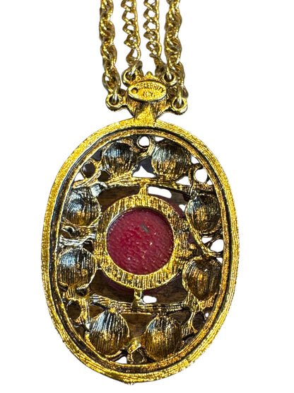 Vintage Delizza and Elster for Celebrity NY Pendant Necklace – Gold-Tone Filigree with Moroccan-Style Glass & Double Chain