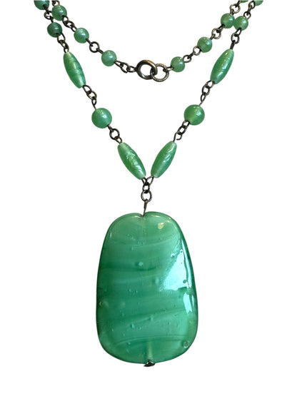 Vintage 1930s Czech Seafoam Glass Pendant Necklace – Signed Czechoslovakiakl.