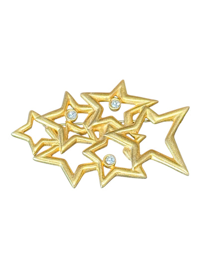 Vintage Anne Klein Star Cluster Brooch with Rhinestone Accents – Gold Tone Openwork
