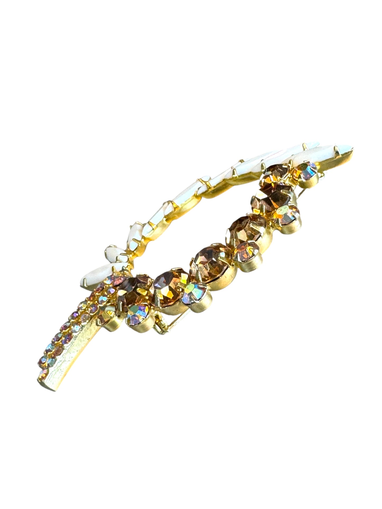 Vintage Wreath Brooch with White Navettes and AB Rhinestones – Mid-Century Costume Jewelry