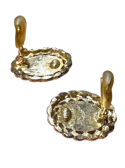 Vintage Gold-Tone Clip-On Earrings with Genuine Rose Quartz – Oval Cabochon & Twisted Rope Frame