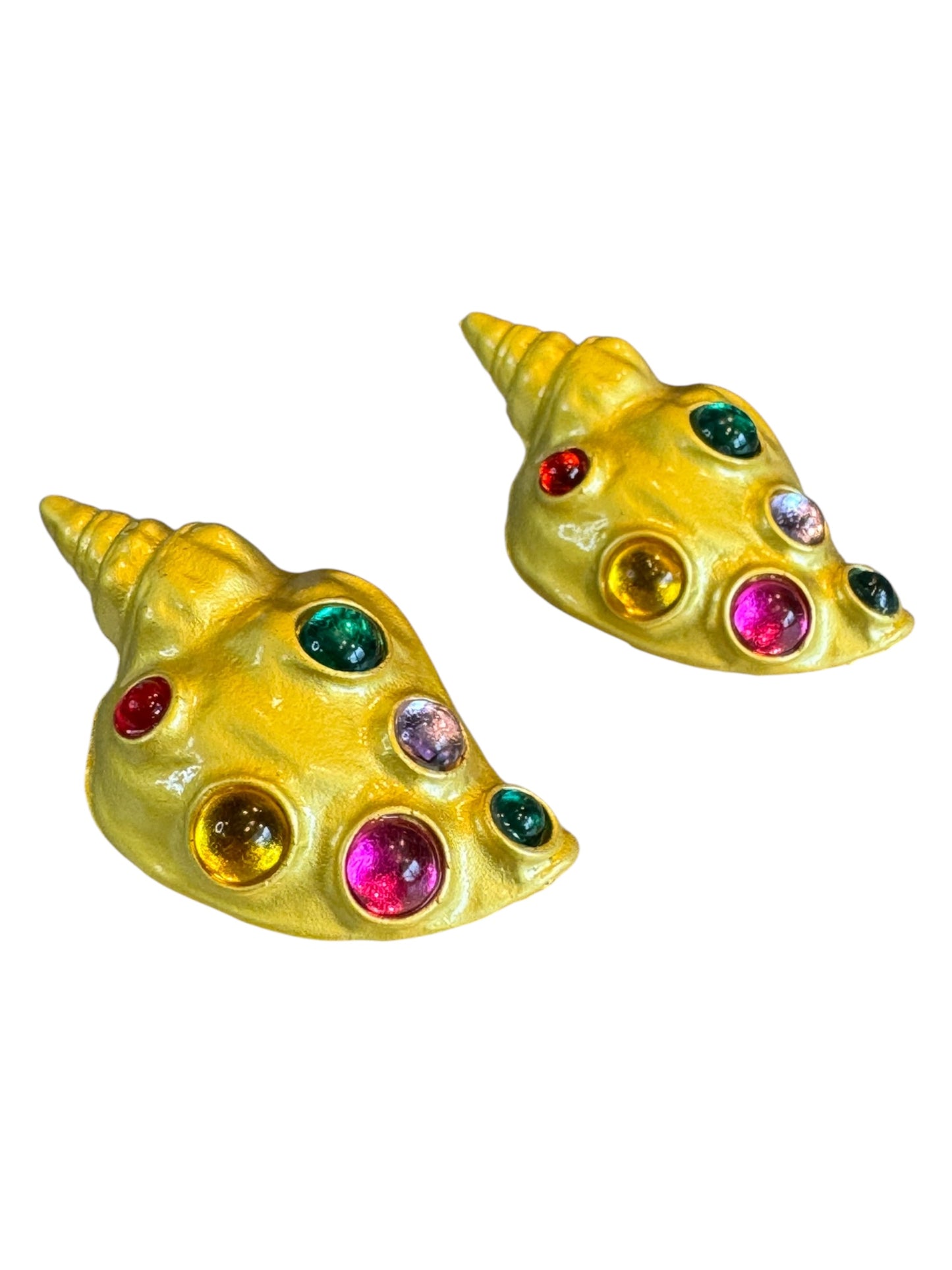 Runway-Inspired Gold-Tone Shell Statement Earrings with Multicolor Cabochons – Post Backs
