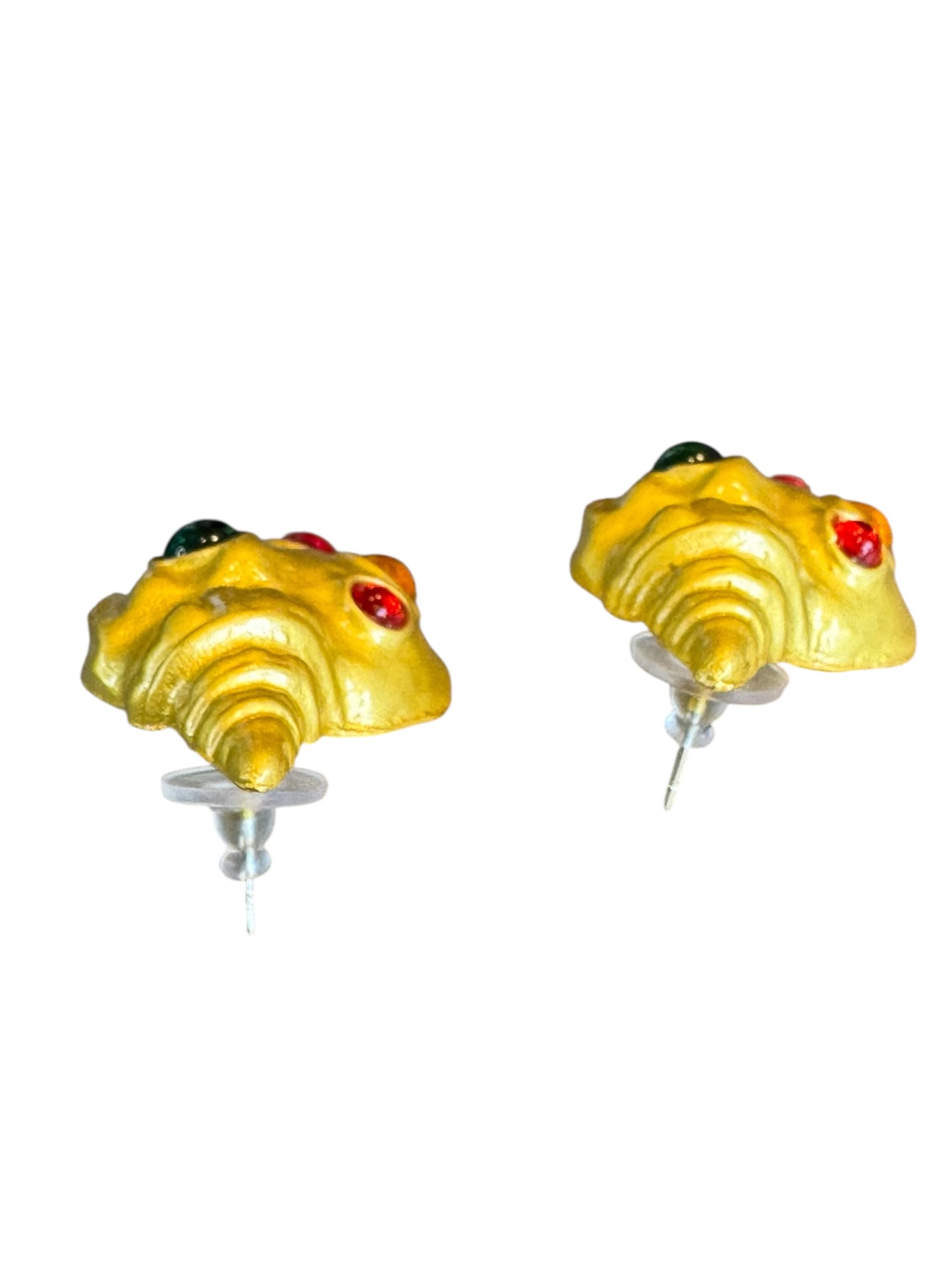 Runway-Inspired Gold-Tone Shell Statement Earrings with Multicolor Cabochons – Post Backs