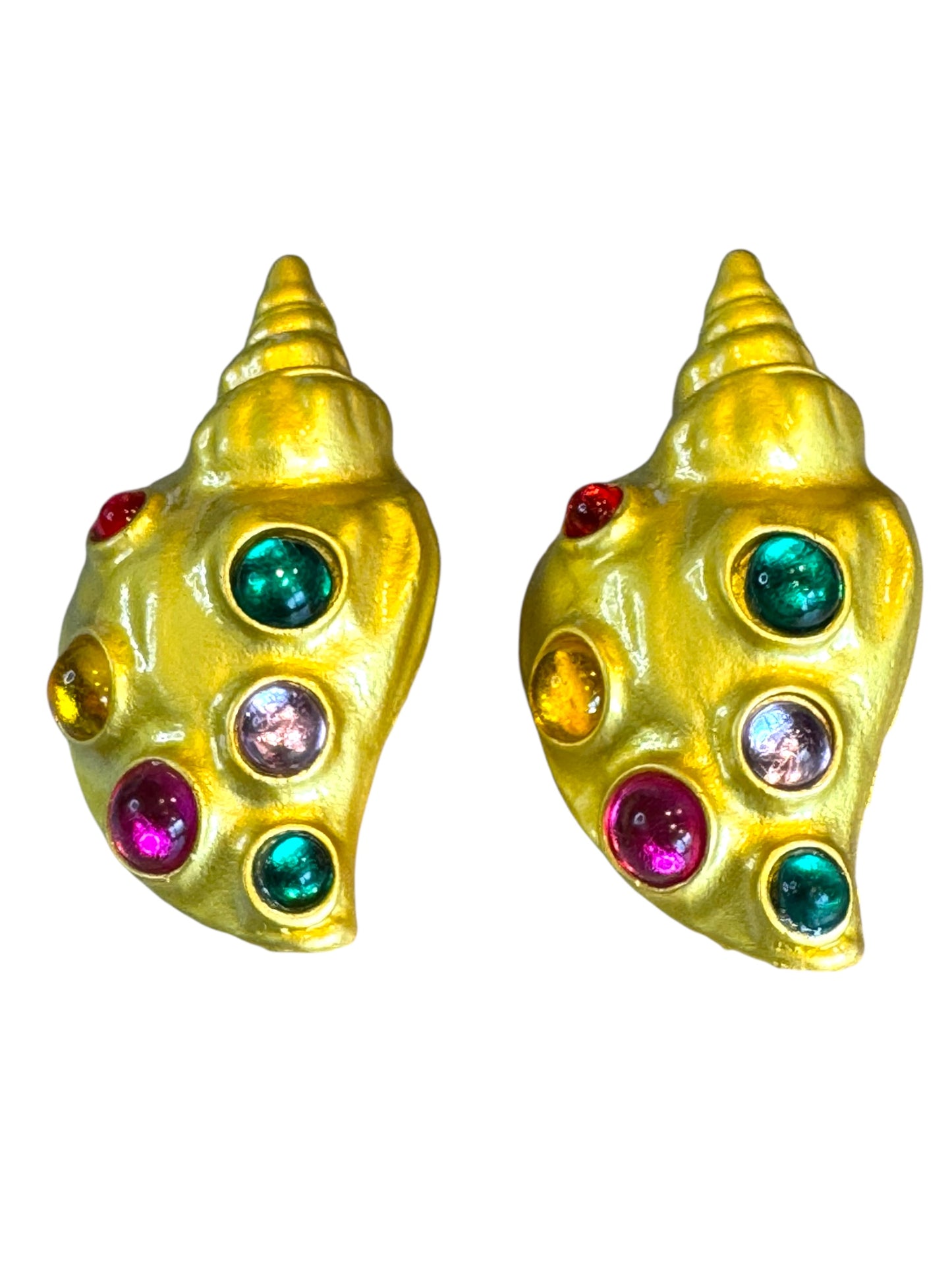 Runway-Inspired Gold-Tone Shell Statement Earrings with Multicolor Cabochons – Post Backs