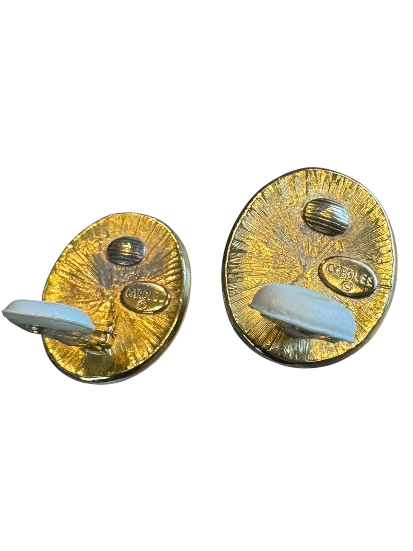Vintage Carol Lee Oval Clip-On Earrings – Faux Pearl Cabochons with Black Enamel & Gold Trim