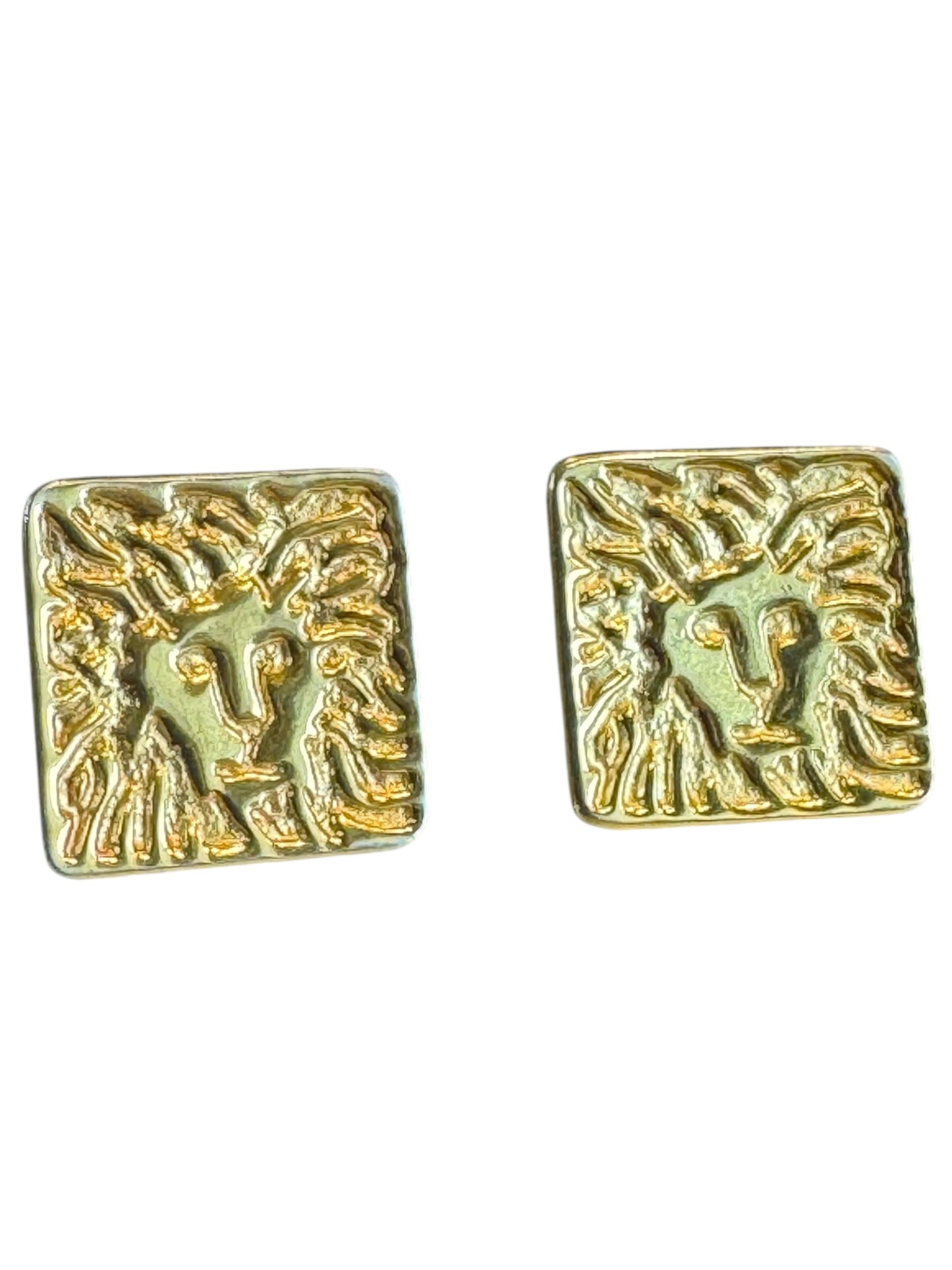 Vintage Anne Klein Gold-Tone Lion Face Clip-On Earrings – Bold Abstract Square Design
