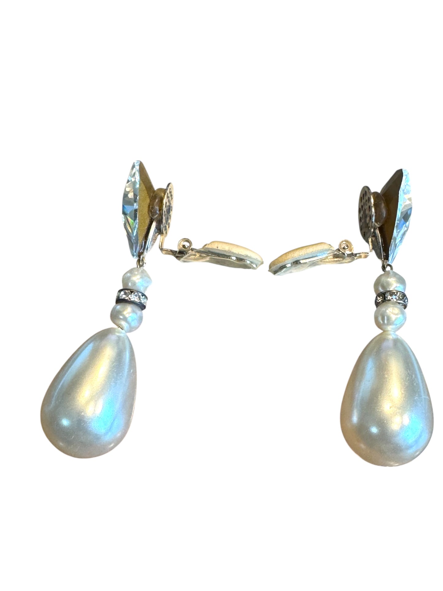 Vintage Runway-Style Clip-On Earrings – Triangle Crystal & Pearl Drop with Rhinestone Rondelle