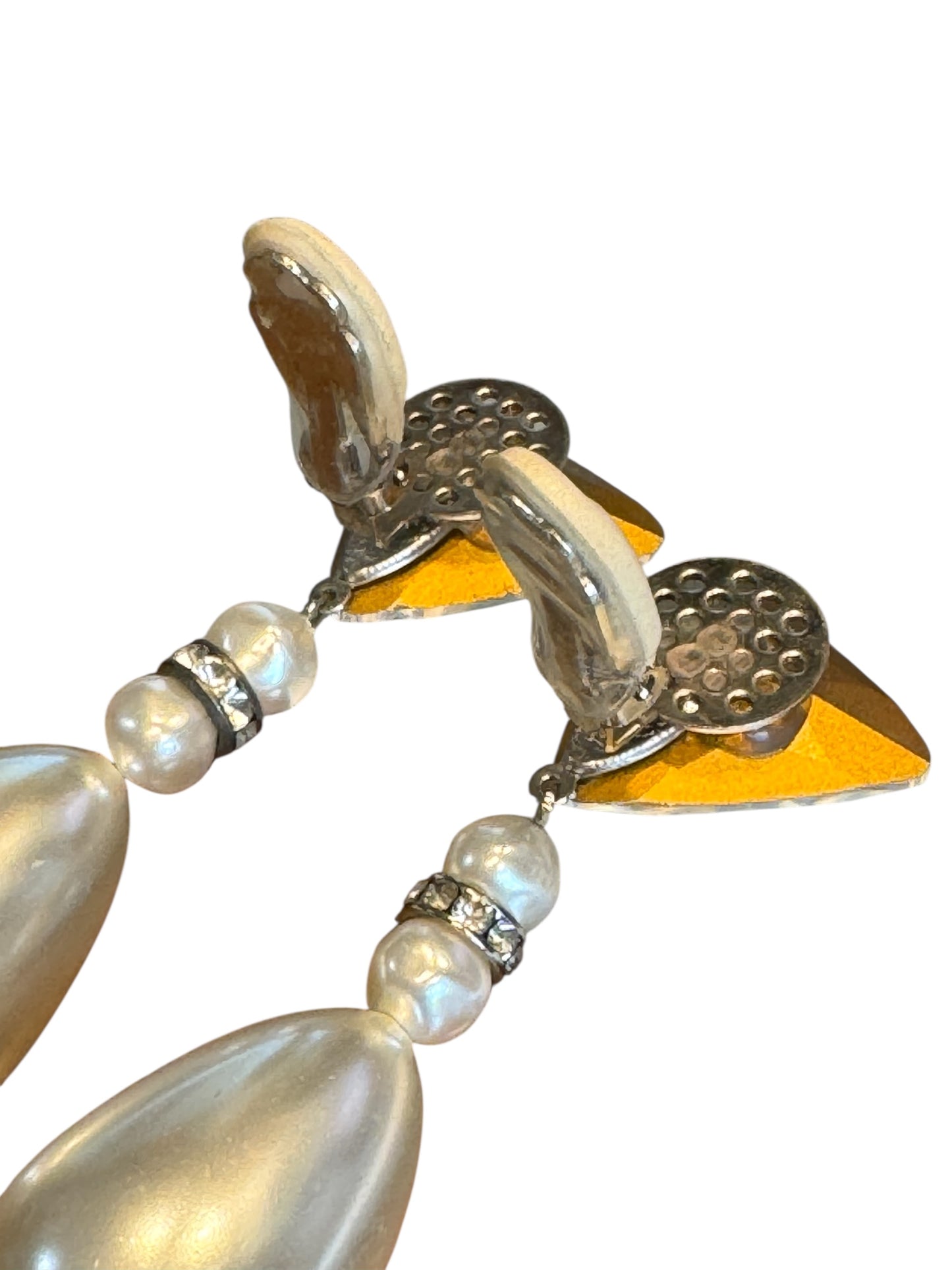 Vintage Runway-Style Clip-On Earrings – Triangle Crystal & Pearl Drop with Rhinestone Rondelle